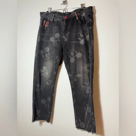 Desigual Women's Black Mickey Mouse Print Jeans Straight Leg Raw Hem SZ 34